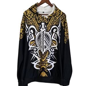 Pacific Islander Tribal Tattoo Turtle Streetwear Hoodie Black/Gold Pullover 2XL